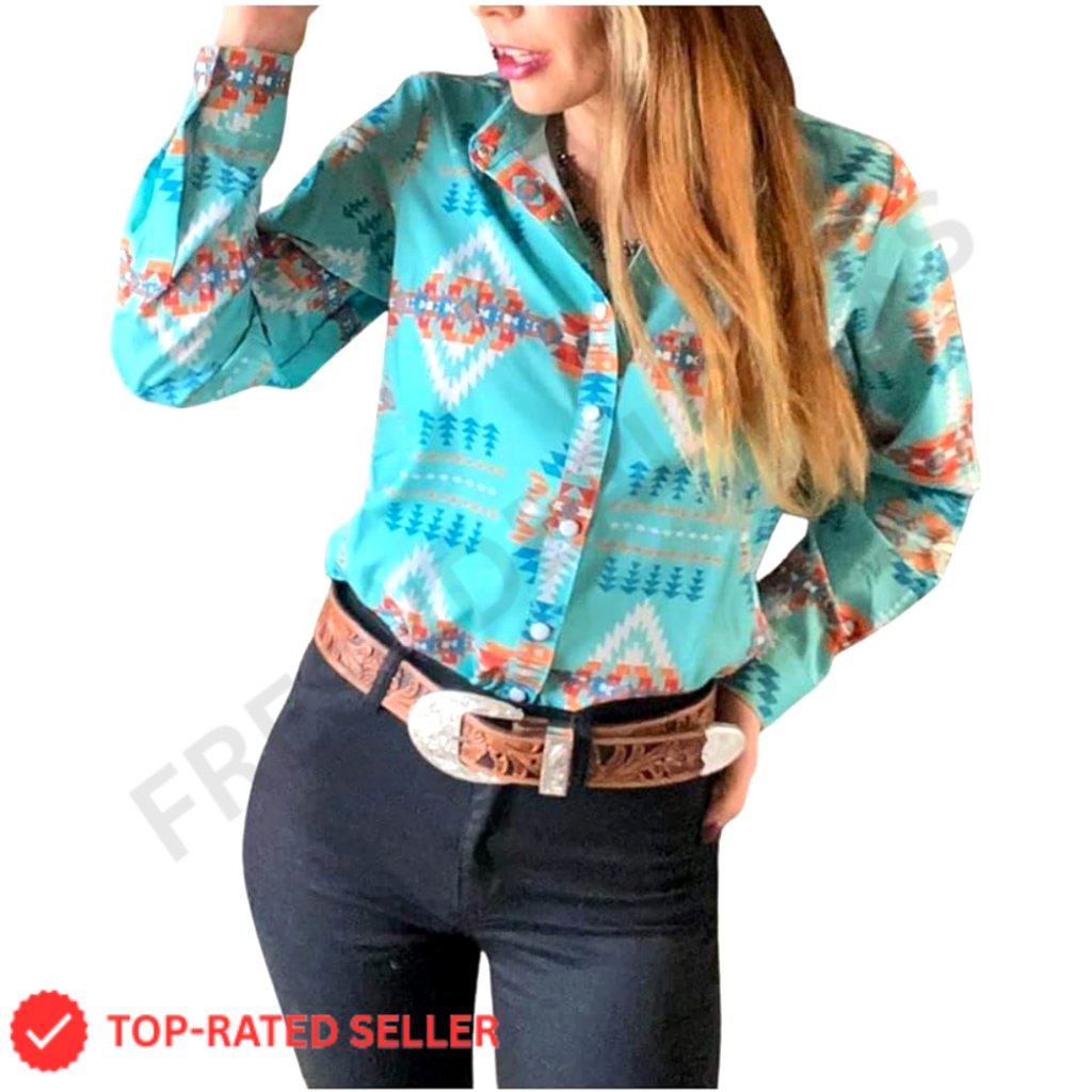 Western Aztec Pearl Snap Button Up Blouse Long Sleeve Cowgirl Tunic Chic